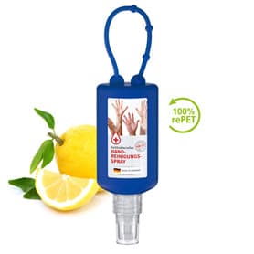 Handreinigungsspray, 50 ml Bumper blau, Body Label (R-PET)