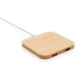 10W Wireless-Charger mit USB aus Bambus, braun