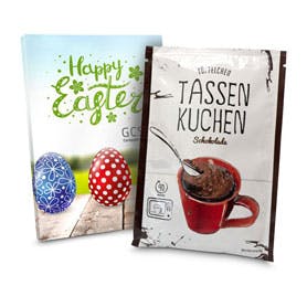 Geschenkartikel / Präsentartikel: Oster Tassenkuchen Schokolade (Backmischung 70 g), auch in individueller Stecktasche