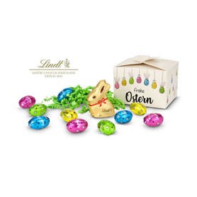 Geschenkartikel / Präsentartikel: Buntes Lindt Osternest - Lindt-Osterhase mit 10 Eiern, auch in individueller Pralinens